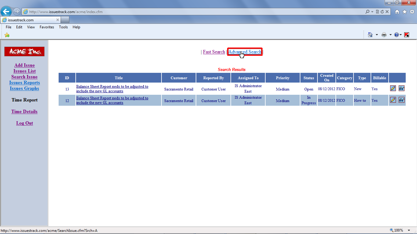 The issues found for search criteria are returned. Click [Advanced Search] link to perform a search by multiple fields.